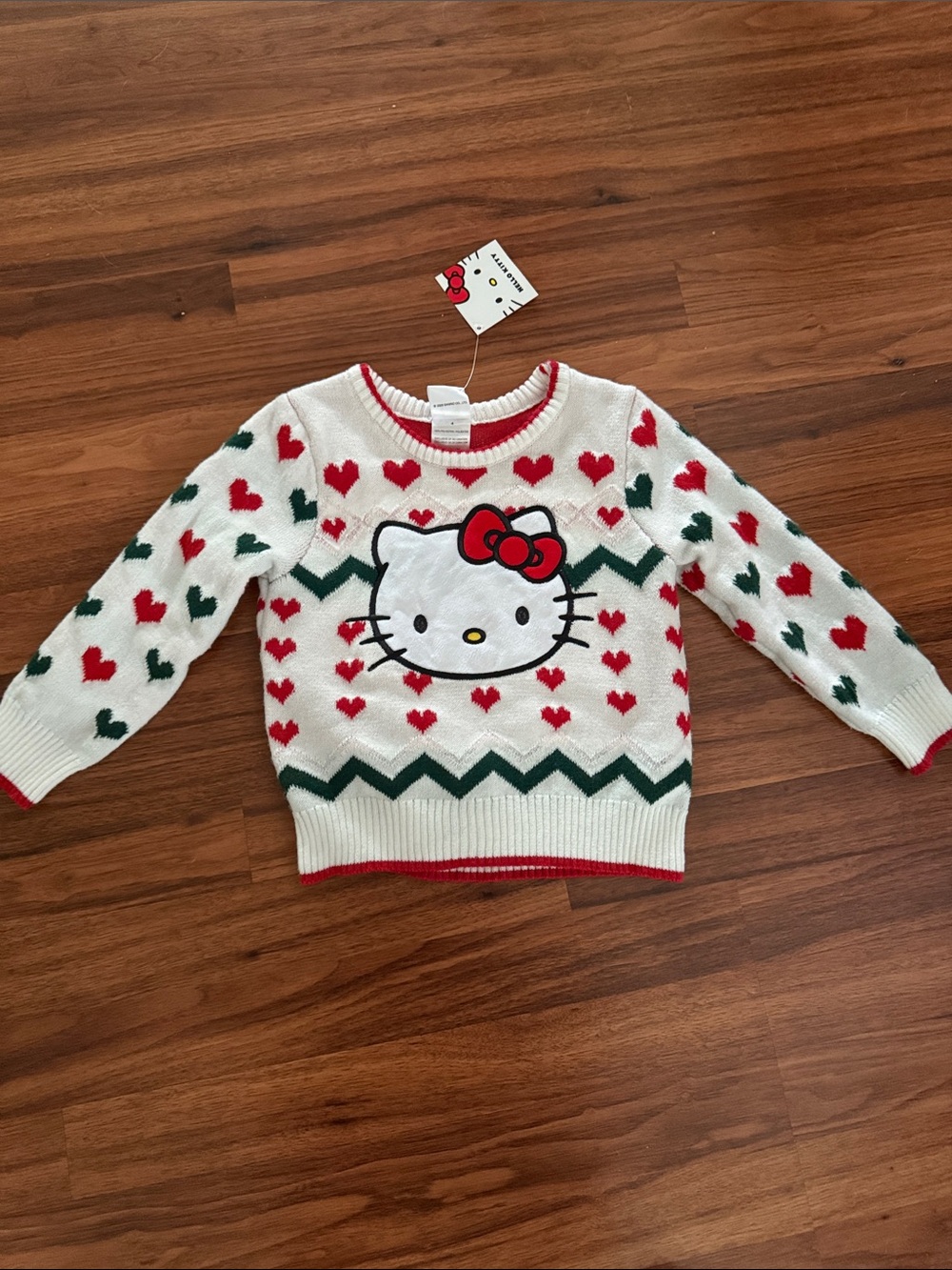 Hello Kitty White Sweater with Red & Green Heart Pattern